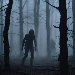 A disturbing horror movie scene of someone being dragged through a dark forest at night