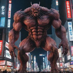 A colossal, flesh and blood creature, constructed in anime style, instilling terror as it towers above the neon-lit streets of Shibuya, Tokyo.