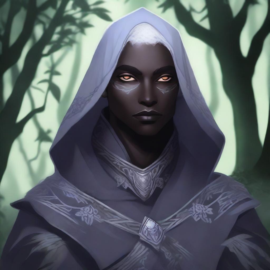 A detailed illustration of a Drow cleric with scars and grey eyes