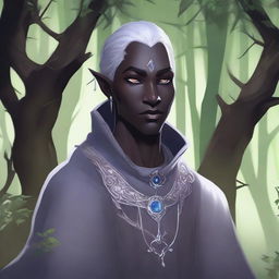 A detailed illustration of a Drow cleric with scars and grey eyes