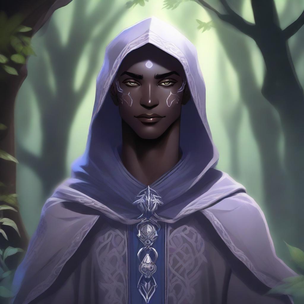 A detailed illustration of a Drow cleric with scars and grey eyes