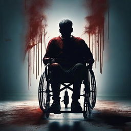 A man sitting in a wheelchair, covered in blood, against a dark background