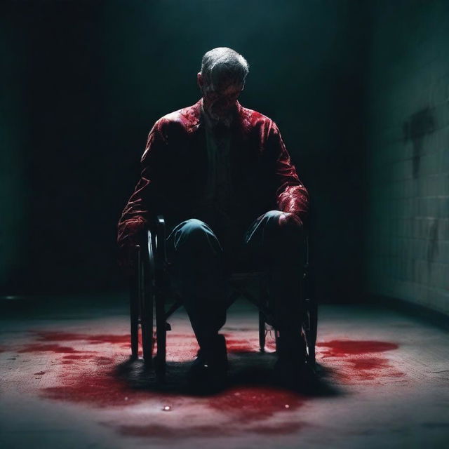 A man sitting in a wheelchair, covered in blood, against a dark background