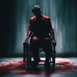 A man sitting in a wheelchair, covered in blood, against a dark background