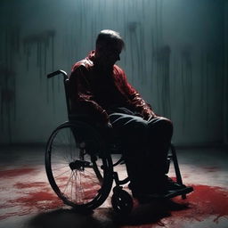 A man sitting in a wheelchair, covered in blood, against a dark background