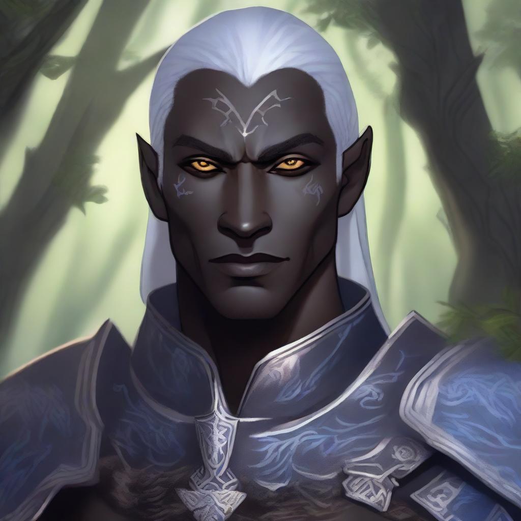 A detailed illustration of a male Drow cleric with scars and grey eyes