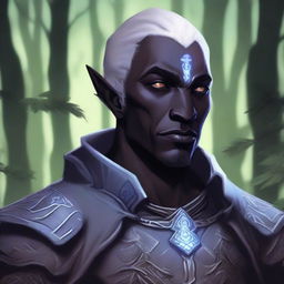 A detailed illustration of a male Drow cleric with scars and grey eyes