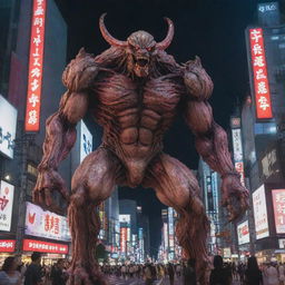 A colossal, flesh and blood creature, constructed in anime style, instilling terror as it towers above the neon-lit streets of Shibuya, Tokyo.