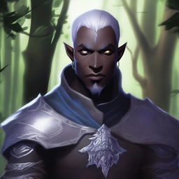 A detailed illustration of a male Drow cleric with scars and grey eyes