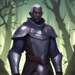 A detailed illustration of a male Drow cleric with scars and grey eyes