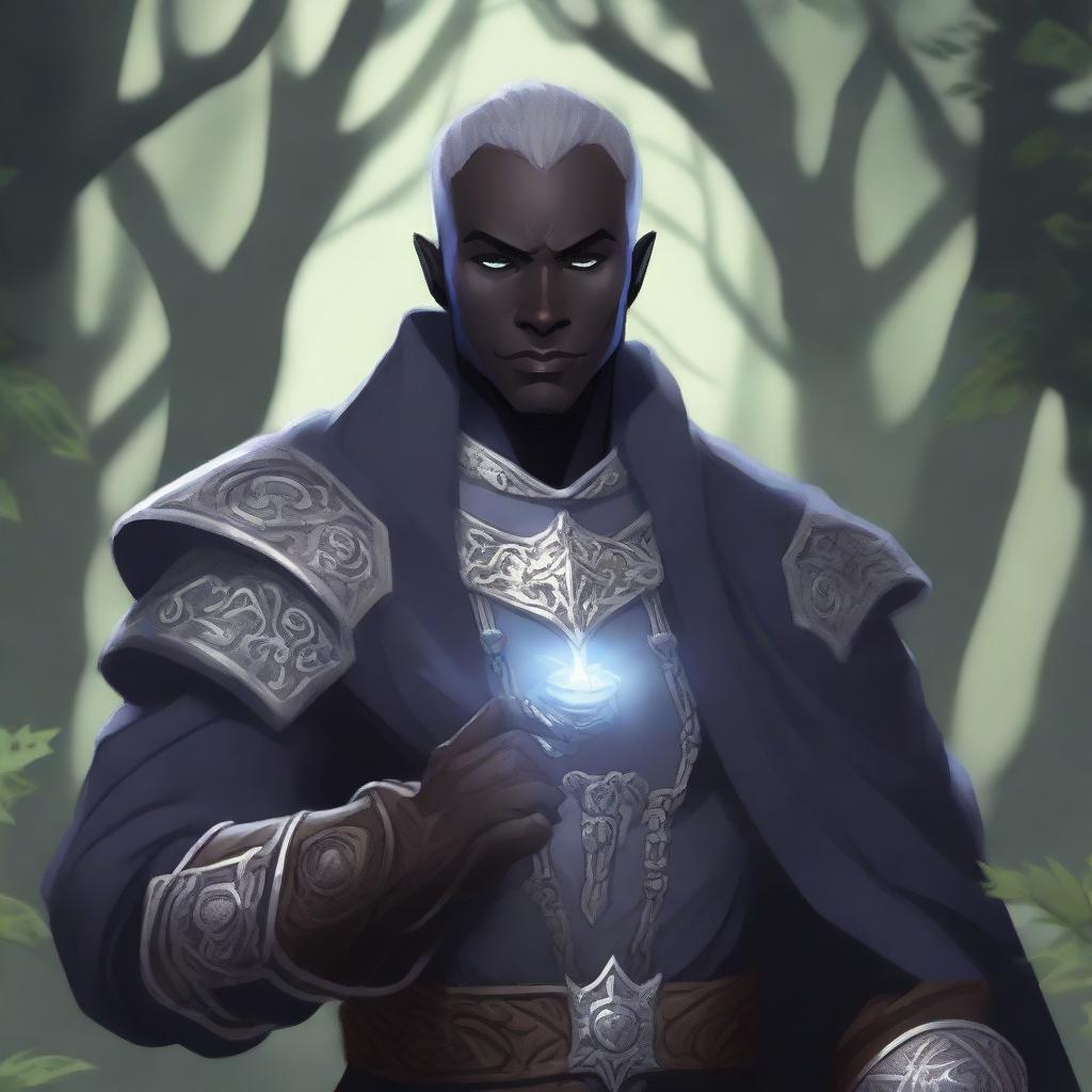 A detailed illustration of a male Drow cleric with scars and grey eyes, holding the Everlight