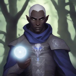 A detailed illustration of a male Drow cleric with scars and grey eyes, holding the Everlight