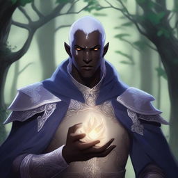 A detailed illustration of a male Drow cleric with scars and grey eyes, holding the Everlight