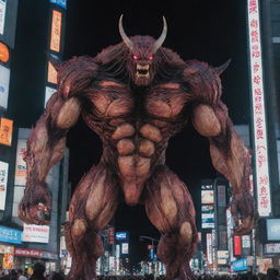 A colossal, flesh and blood creature, constructed in anime style, instilling terror as it towers above the neon-lit streets of Shibuya, Tokyo.