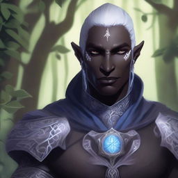 A detailed illustration of a male Drow cleric with scars and grey eyes, holding the Everlight