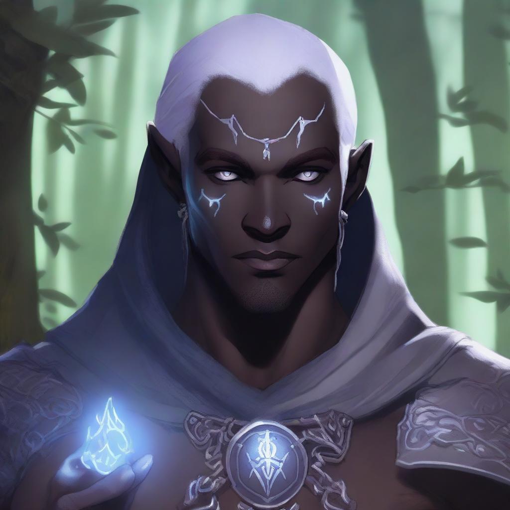 A detailed illustration of a male Drow cleric with scars and grey eyes, holding an everlight