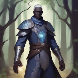 A detailed illustration of a male Drow cleric with scars and grey eyes, holding an everlight