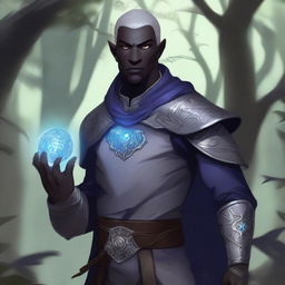 A detailed illustration of a male Drow cleric with scars and grey eyes, holding an everlight