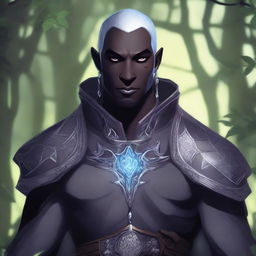 A detailed illustration of a male Drow cleric with scars and grey eyes, holding an everlight