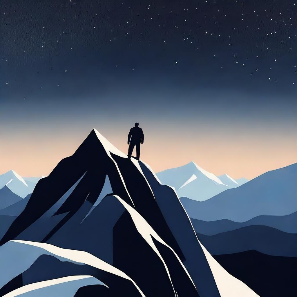 Create a captivating movie poster featuring a man standing triumphantly on top of a mountain with a dark background