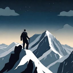 Create a captivating movie poster featuring a man standing triumphantly on top of a mountain with a dark background