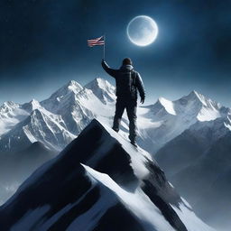 Create a realistic movie poster featuring a man standing triumphantly on top of a rugged, snow-capped mountain with a dark background