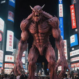 A colossal, flesh and blood creature, constructed in anime style, instilling terror as it towers above the neon-lit streets of Shibuya, Tokyo.