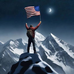 Create a realistic movie poster featuring a man standing triumphantly on top of a rugged, snow-capped mountain with a dark background