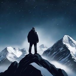 Create a realistic movie poster featuring a man standing triumphantly on top of a rugged, snow-capped mountain with a dark background