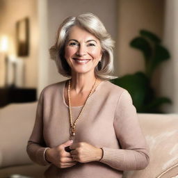 A mature woman in her late 40s or early 50s, dressed elegantly in a sophisticated outfit