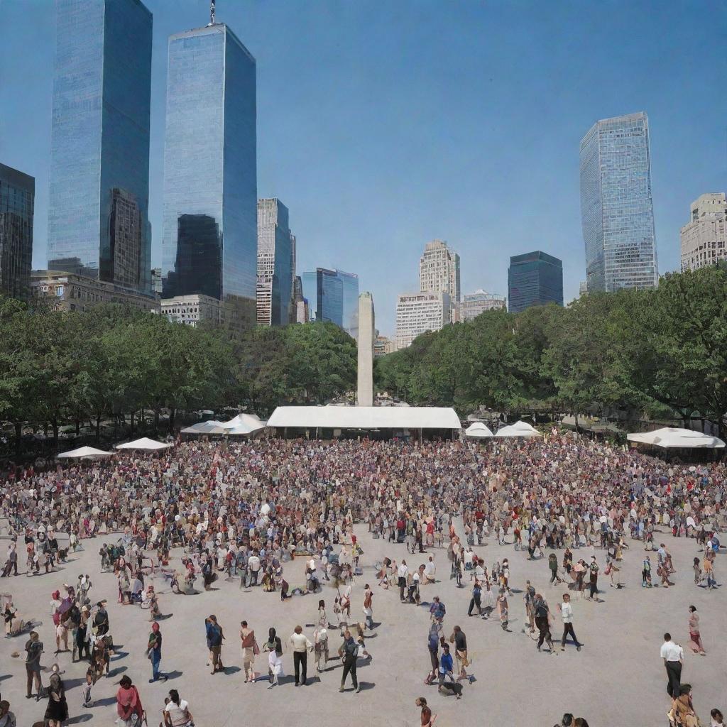 A bustling plaza in front of the World Trade Center, filled with people of various nationalities, ages and attire, on a sunny day with the impressive skyscrapers towering in the backdrop.