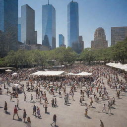 A bustling plaza in front of the World Trade Center, filled with people of various nationalities, ages and attire, on a sunny day with the impressive skyscrapers towering in the backdrop.