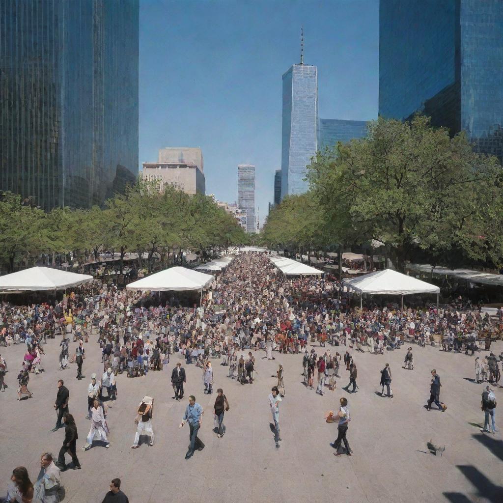 A bustling plaza in front of the World Trade Center, filled with people of various nationalities, ages and attire, on a sunny day with the impressive skyscrapers towering in the backdrop.