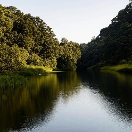 A peaceful landscape with calm water reflecting a clear sky, surrounded by lush greenery.