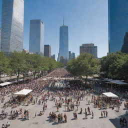 A bustling plaza in front of the World Trade Center, filled with people of various nationalities, ages and attire, on a sunny day with the impressive skyscrapers towering in the backdrop.