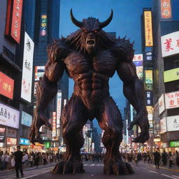 Colossal anime-style monster, crafted from flesh and blood but without horns, casting a towering shadow over the neon-infused Shibuya district of Tokyo.