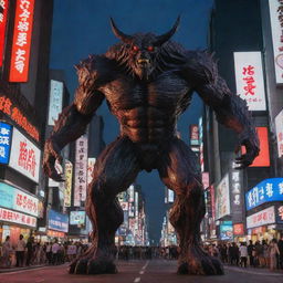 Colossal anime-style monster, crafted from flesh and blood but without horns, casting a towering shadow over the neon-infused Shibuya district of Tokyo.