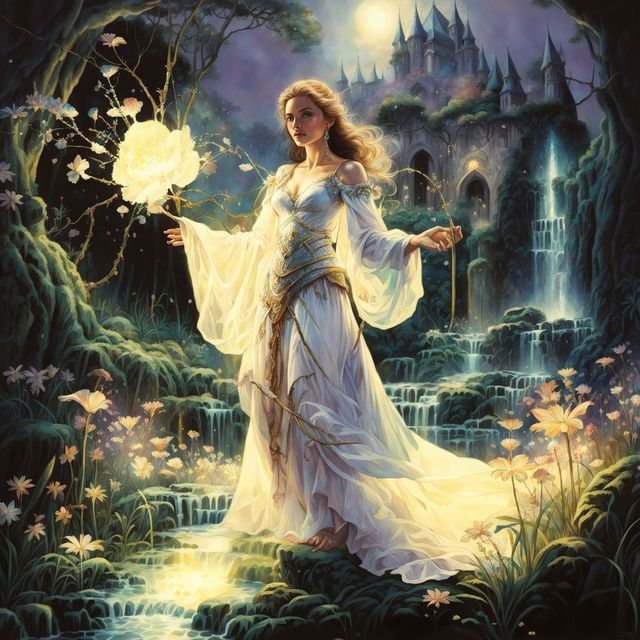 A woman in her 20s in a white dress with a floral design, whose hands emanate magical floral energy, in a Dungeons and Dragons art style, standing in an enchanted forest with magical flora