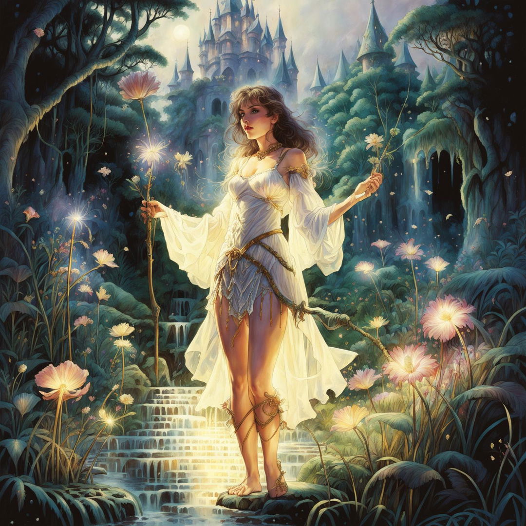 A woman in her 20s in a short white dress with a floral design, whose hands emanate magical floral energy, in a Dungeons and Dragons art style, standing in an enchanted forest with magical flora