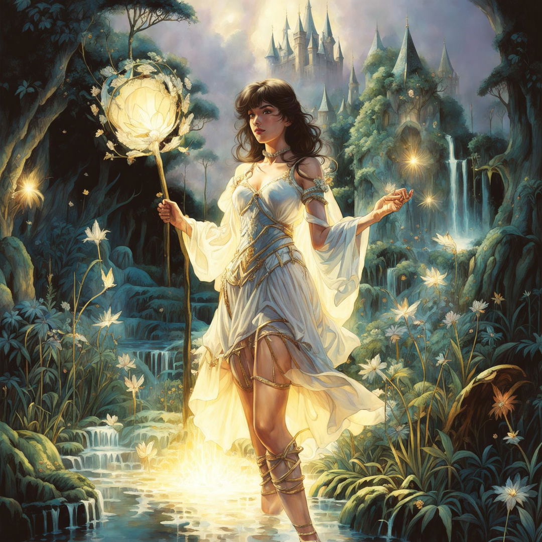 A woman in her 20s in a short white dress with a floral design, whose hands emanate magical floral energy, in a Dungeons and Dragons art style, standing in an enchanted forest with magical flora