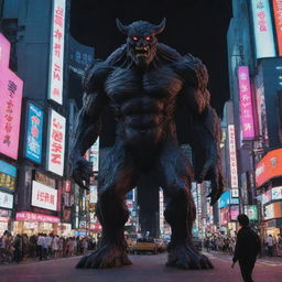 Colossal anime-style monster, crafted from flesh and blood but without horns, casting a towering shadow over the neon-infused Shibuya district of Tokyo.