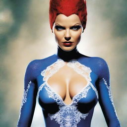 A sexy woman similar to Rouge from X-Men, adorned with tattoos and wearing a heroine costume made of lace that is very short