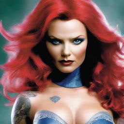 A sexy woman similar to Rouge from X-Men, adorned with tattoos and wearing a heroine costume made of lace that is very short