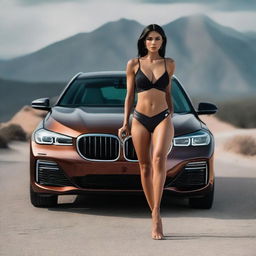 A sexy woman posing for a photo on top of a BMW car