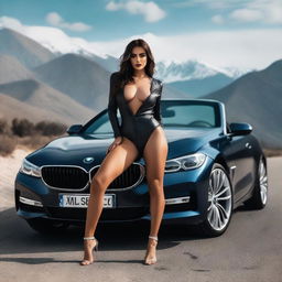 A sexy woman posing for a photo on top of a BMW car