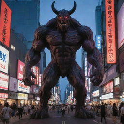 Colossal anime-style monster, crafted from flesh and blood but without horns, casting a towering shadow over the neon-infused Shibuya district of Tokyo.