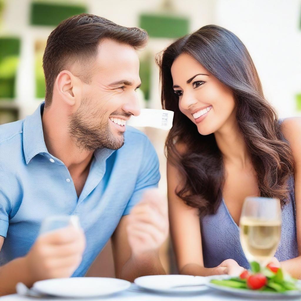 A man uses a coupon on a first date with a woman who has a confident and charming presence