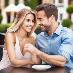 A man uses a coupon on a first date with a woman who has a confident and charming presence