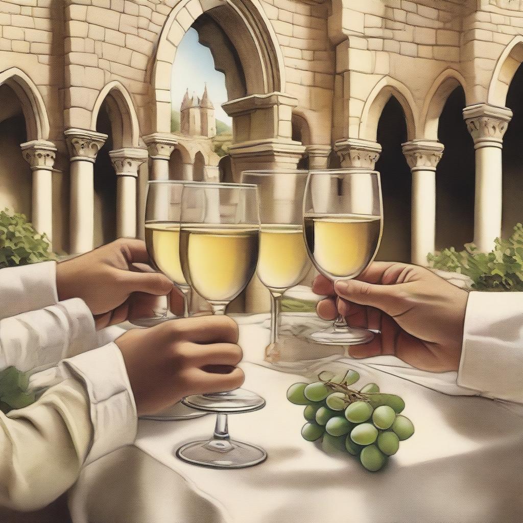 A vintage American-style image depicting numerous hands holding glasses of white wine, set against the backdrop of an ancient cloister from the Middle Ages