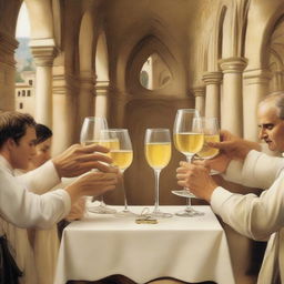 A vintage American-style image depicting numerous hands holding glasses of white wine, set against the backdrop of an ancient cloister from the Middle Ages